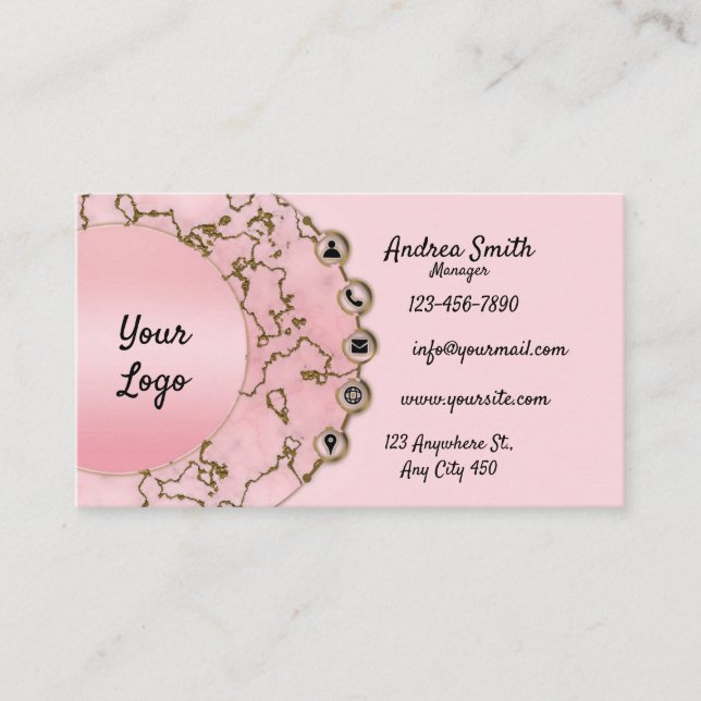 Chic Light Blush Pink Marble Gold Glitter Script   Business Card (Front)