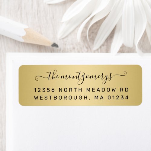 Chic Light Gold Black Script Metal Return Address Label