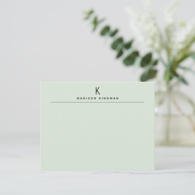 Chic Light Green Modern Monogram Initial Name Note Card (Standing Front)