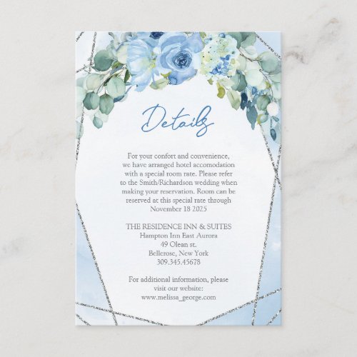 Chic light pastel blue flowers eucalyptus details enclosure card