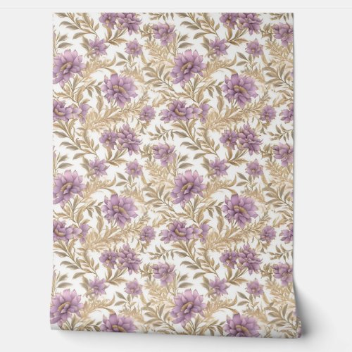 Chic light pastel purple and faux gold flowers wallpaper 