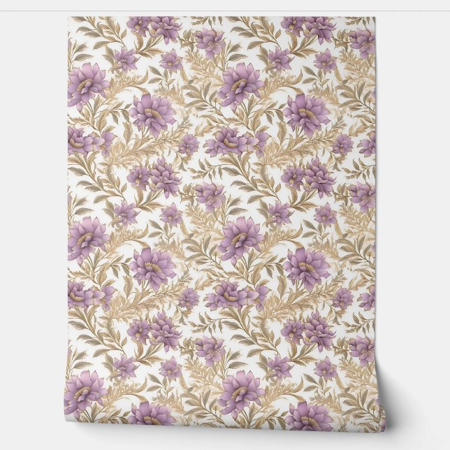 Chic light pastel purple and faux gold flowers wallpaper  (Unrolling)