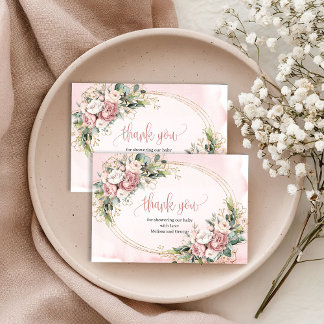 Chic Light Pink Floral Eucalyptus Thank You Card