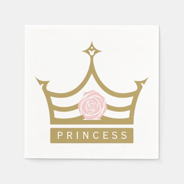 Chic Light Pink Rose and Gold Princess Crown Paper Napkins (Front)