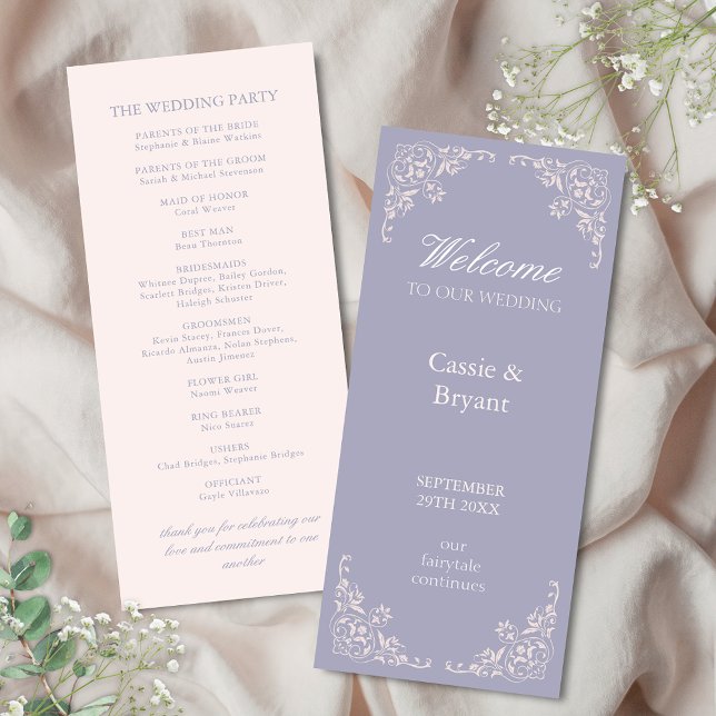 Chic Light Purple Elegant Border Wedding Program (elegant purple and blush pink wedding programs with vintage chic victorian border for regency era)