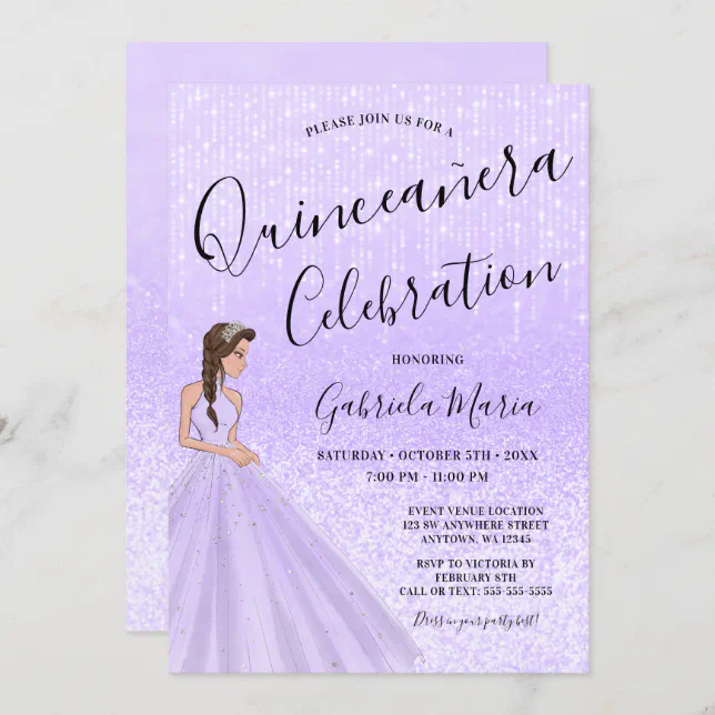 Chic Light Purple Silver Glitter Gown Quinceanera Invitation Zazzle