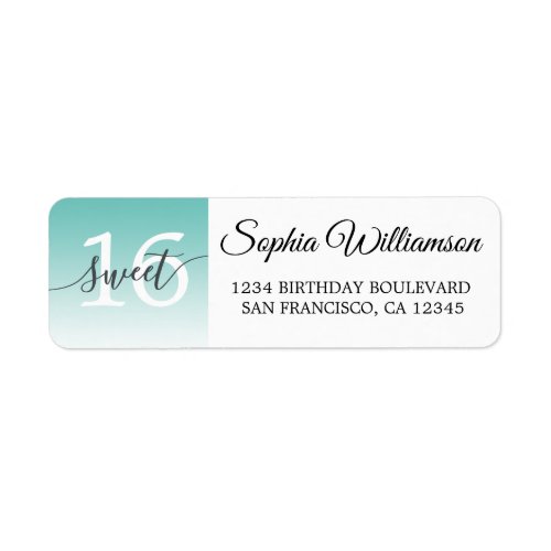 Chic Light Teal Ombre Sweet 16 Birthday Return Label