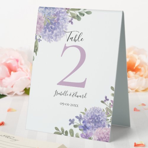 Chic Lilac and Blue Hydrangea Floral Wedding Guest Table Tent Sign