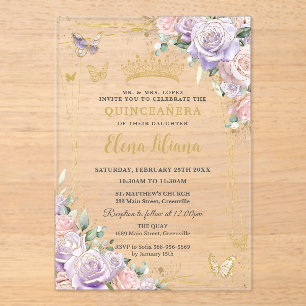 Chic Lilac Blush Floral Roses Quinceanera Sweet 16 Acrylic Invitations
