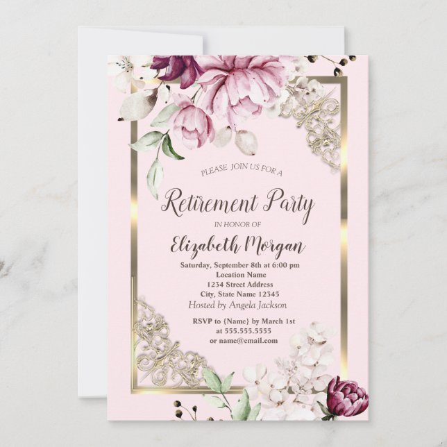 Chic Lilac Flowers Gold Frame Retirement Invitation (Front)