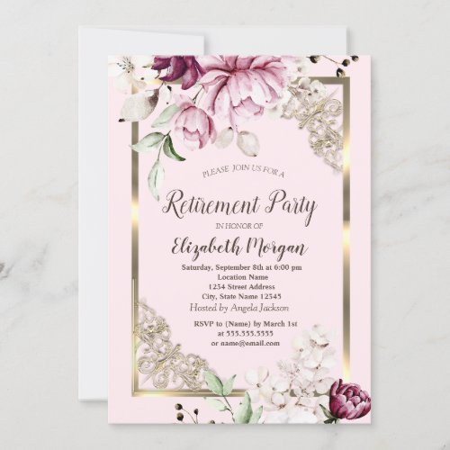 Chic Lilac Flowers Gold Frame Retirement Invitation
