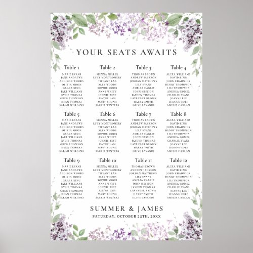 Chic Lilac Purple Floral Wedding Seating Chart