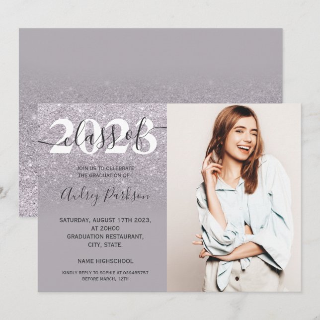 Chic lilac purple glitter ombre photo graduation invitation (Front/Back)