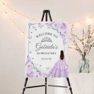 Chic Lilac Purple Roses Silver Quinceanera Welcome Foam Board
