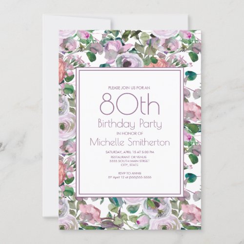 Chic Lilac Purple Watercolor Floral 80th Birthday Invitation