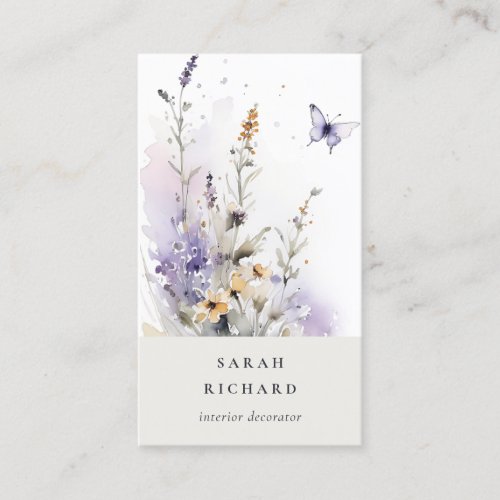 Chic Lilac Purple Wildflower Butterfly Watercolor Business Card