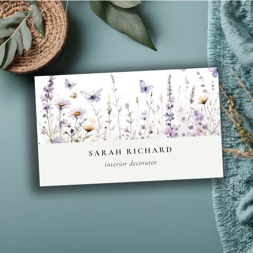 Chic Lilac Purple Wildflower Butterfly Watercolor Business Card