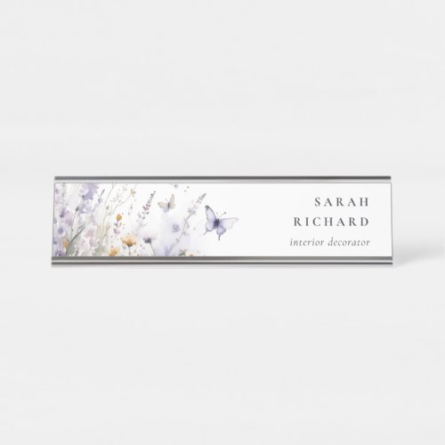 Chic Lilac Purple Wildflower Butterfly Watercolor Desk Name Plate