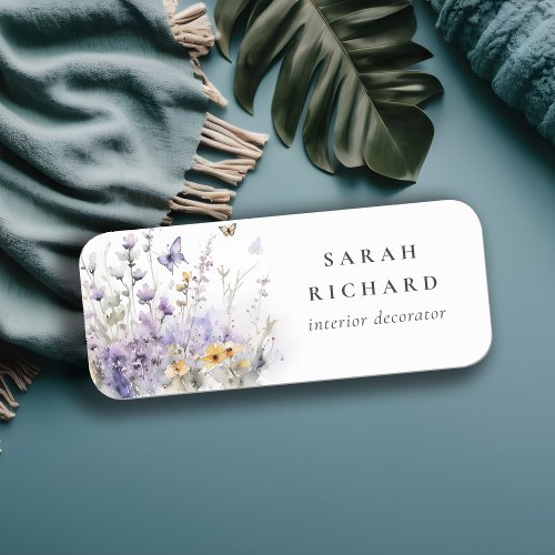 Chic Lilac Purple Wildflower Butterfly Watercolor Name Tag