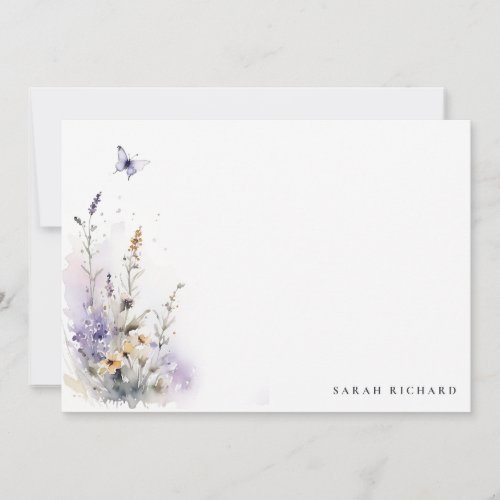 Chic Lilac Purple Wildflower Butterfly Watercolor Note Card
