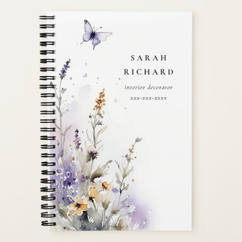 Chic Lilac Purple Wildflower Butterfly Watercolor Notebook