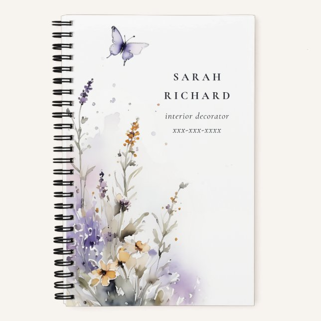 Chic Lilac Purple Wildflower Butterfly Watercolor Notebook (Front)