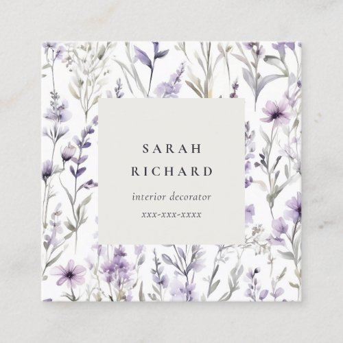 Chic Lilac Purple Wildflower Butterfly Watercolor Square Business Card