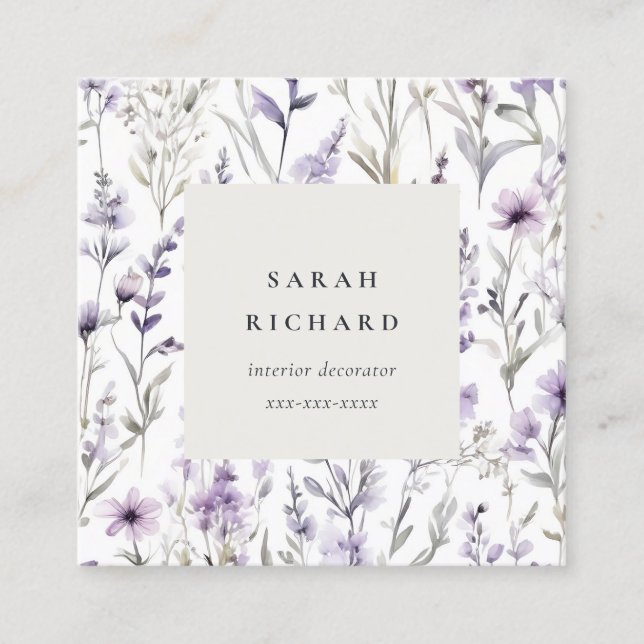 Chic Lilac Purple Wildflower Butterfly Watercolor Square Business Card (Front)