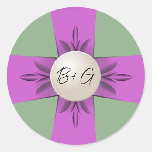 Chic Lilac  Sage Monogram Pearl Ribbon Wedding Classic Round Sticker