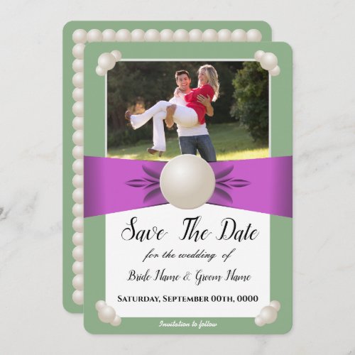 Chic Lilac  Sage Pearl Ribbon Photo Save The Date Invitation