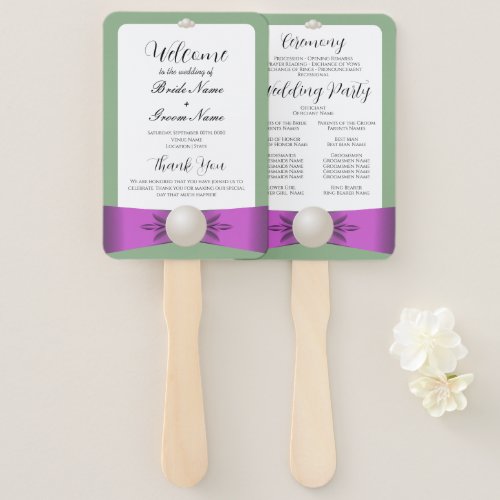 Chic Lilac  Sage Pearl Ribbon Wedding Program Hand Fan