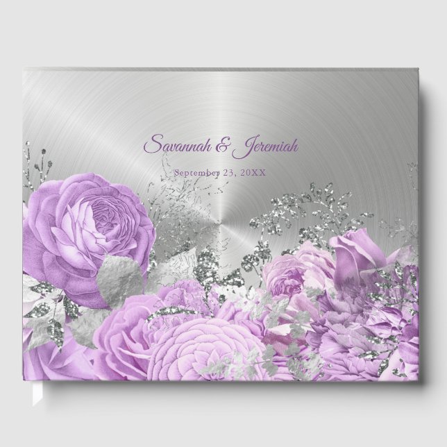Chic Lilac Silver Floral Customizable Wedding Guest Book (Front)