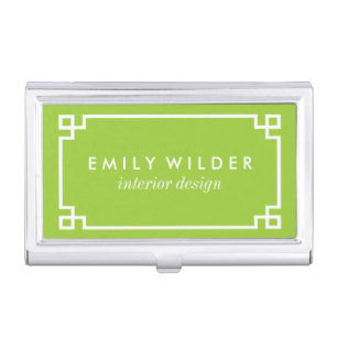 Chic Lime Green and White Greek Key Business Card Holder