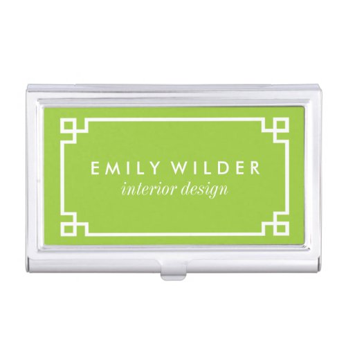 Chic Lime Green and White Greek Key Business Card Holder