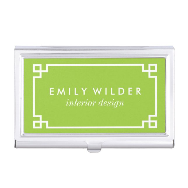 Chic Lime Green and White Greek Key Business Card Holder (Front)