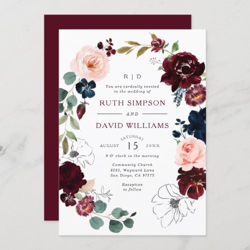 Chic Line Art Burgundy Navy Floral Blossom Wedding Invitation