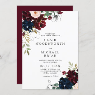 Chic Line Art Sketch Burgundy Navy Floral Wedding Invitation