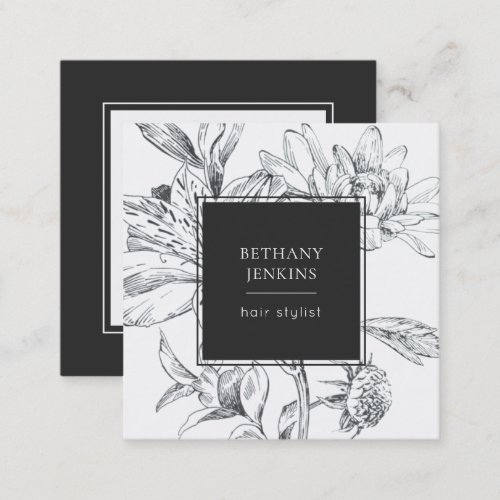 Chic Line Drawn Black White Floral Square Business Card