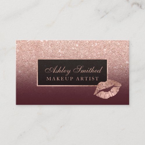 Chic lips rose gold glitter burgundy ombre makeup business card