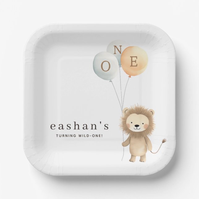 Chic Little Cute Lion 1st Birthday Party Paper Plates (Front)