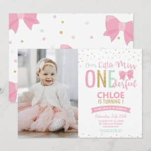 Chic Little Miss ONEderful 1st Birthday Bows Photo Invitation
