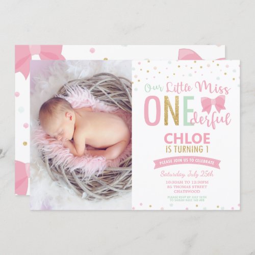 Chic Little Miss ONEderful 1st Birthday Bows Photo Invitation