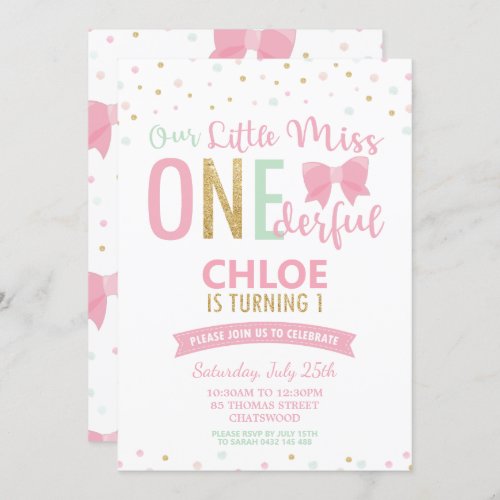 Chic Little Miss ONEderful 1st Birthday Pink Bows Invitation