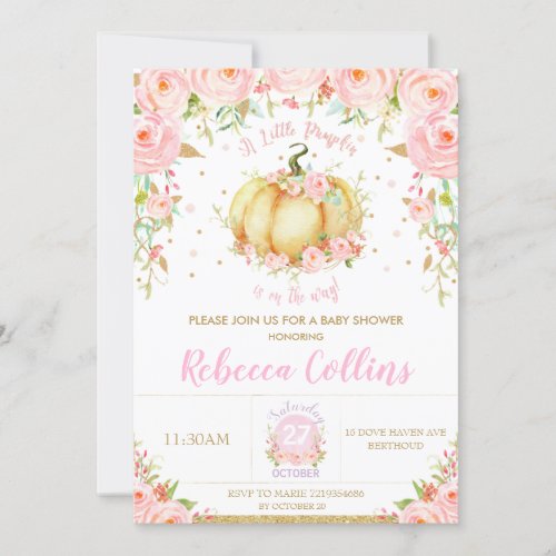 Chic Little Pumpkin Pink Floral Girl Baby Shower Invitation