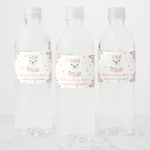 Chic Llama Blush Pink Floral Baby Shower Favor Water Bottle Label