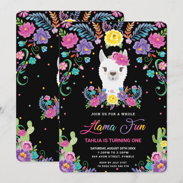 Chic Llama Fun Mexican Floral 1st Birthday Party  Invitation (Front/Back)