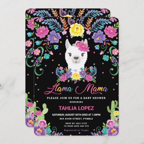 Chic Llama Mama Mexican Floral Baby Shower Girl Invitation