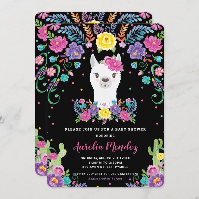 Chic Llama Mexican Floral Baby Shower Chalkboard Invitation (Front/Back)