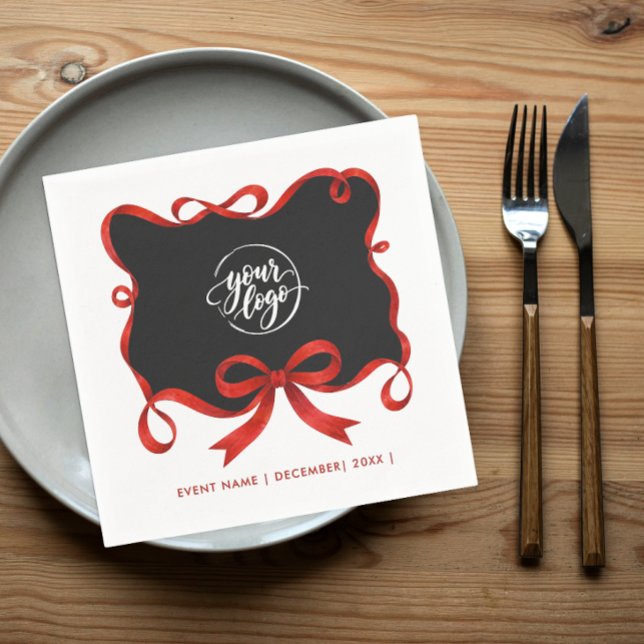 Chic Logo Christmas Black Red Ribbon Bow Script Napkins (Creator Uploaded)
