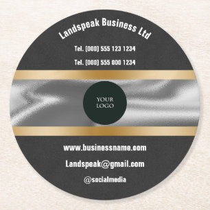 Chic Logo & Gold Black Suede Promoting Business Round Paper Coaster